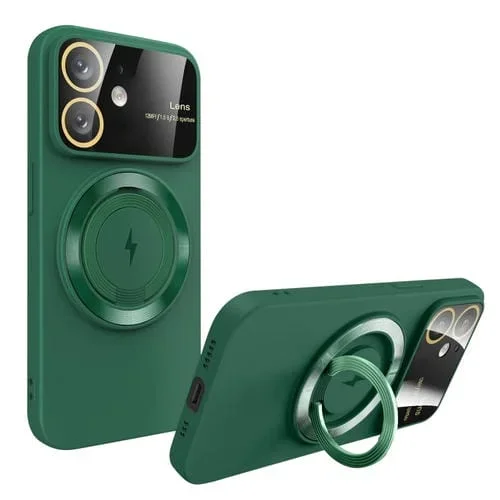 Funda para Teléfono iPhone 12 con Soporte Magnético Magsafe y Ventana Grande (Verde Oscuro)