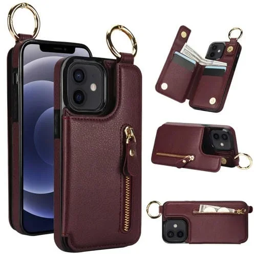 Funda para Teléfono iPhone 12 Mini con Bolsa para Tarjetas Doble Hebilla Cremallera (Rojo Granate)