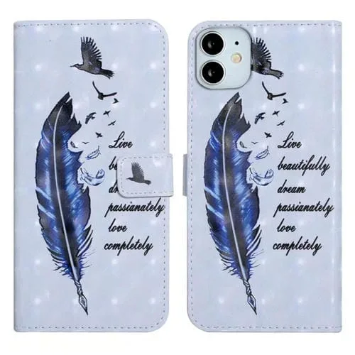 Funda para Teléfono iPhone 12 Mini Cuero Dibujo 3D en Relieve al Óleo (Pluma Azul)