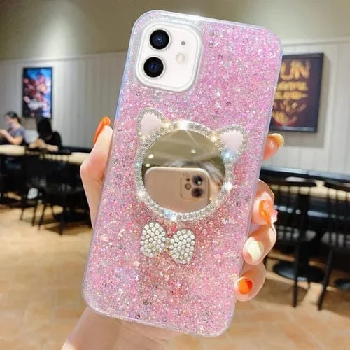 Funda para Teléfono iPhone 12 Mini TPU Epoxi con Espejo y Orejas de Gato con Lentejuelas Estrelladas (Rosa)
