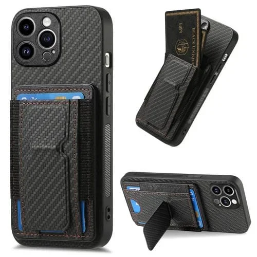 Funda para Teléfono iPhone 12 Pro Bolsa para Tarjeta Elástica Soporte Plegable Fibra de Carbono (Negro)