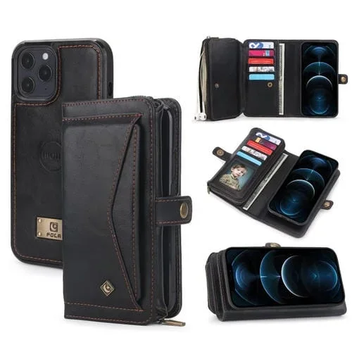 Funda para Teléfono iPhone 12 Pro Cuero con Billetera y Cremallera Multifuncional (Negro)