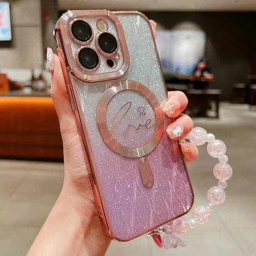 Funda para teléfono iPhone 12 Pro Dual-Love Leaves con Brillo Degradado Magsafe TPU (Rosa)