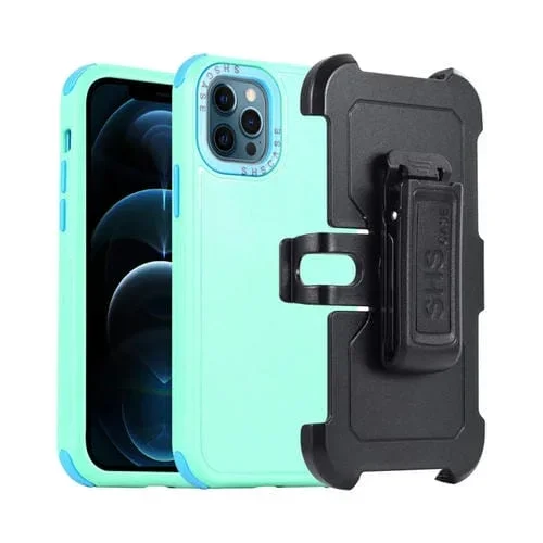 Funda para Teléfono iPhone 12 Pro Max 3 en 1 PC y TPU con Funda Deslizante (Verde Hierba + Azul Cielo)