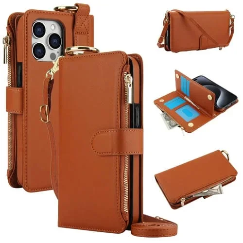 Funda para Teléfono iPhone 12 Pro Max Cuero Billetera Multifuncional Anillo Cruzado (Marrón)