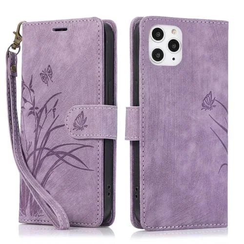 Funda para Teléfono iPhone 12 Pro Max Cuero Relieve Mariposa Orquídea (Púrpura)
