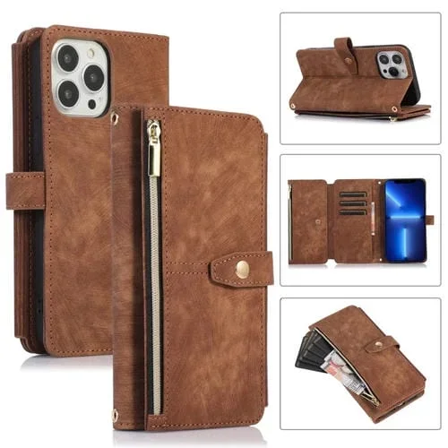 Funda para Teléfono iPhone 12 Pro Max Dream 9-Card Wallet Zipper Bag Cuero (Marrón)