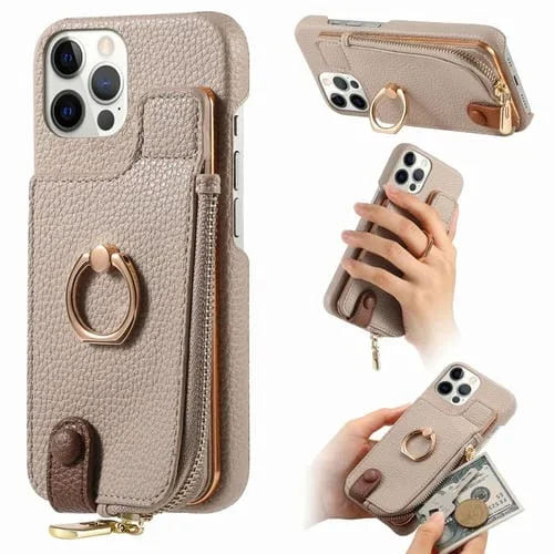 Funda para Teléfono iPhone 12 Pro Max Litchi Leather Oil Edge Ring Zipper Wallet (Caqui)