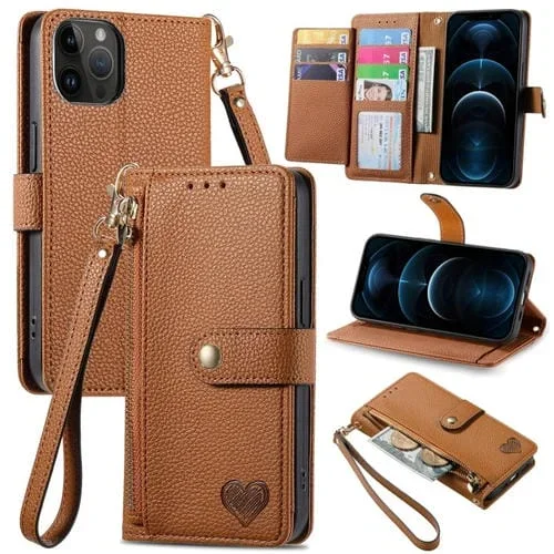 Funda para Teléfono iPhone 12 Pro Max Love Zipper Lanyard de Cuero (Marrón)