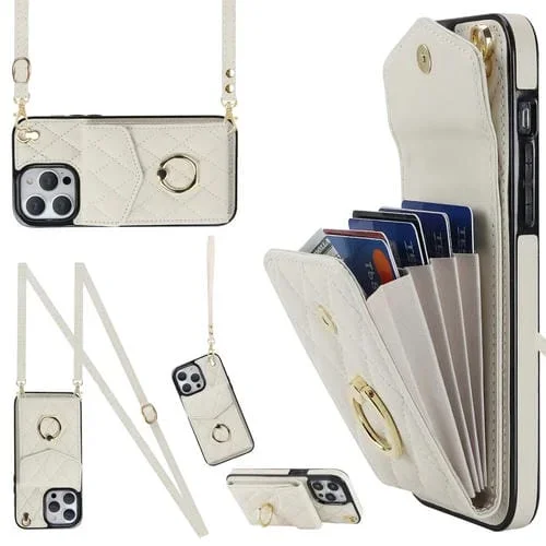 Funda para Teléfono iPhone 12 Pro Max Rhombic Texture Card Bag con Cordón Largo (Blanco)