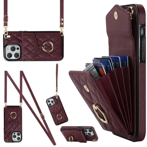 Funda para Teléfono iPhone 12 Pro Max Rhombic Texture Card Bag con Cordón Largo (Rojo Vino)