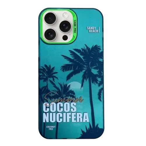 Funda para Teléfono iPhone 12 Pro Max TPU + PC Pintura al Óleo Paisaje Colorido Atardecer (Árbol de Coco Verde)