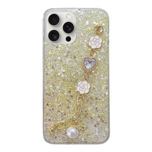 Funda para Teléfono iPhone 12 Pro TPU Epoxi con Cadena de Gemas de Amor y Lentejuelas Estrelladas (Amarillo)