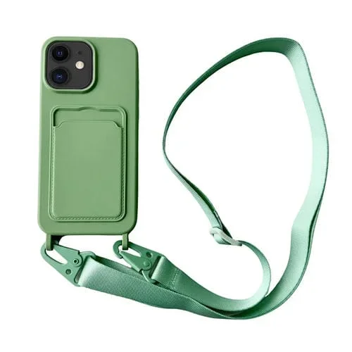 Funda para Teléfono iPhone 12 Silicona Líquida con Ranura para Tarjeta y Cordón (Verde Matcha)