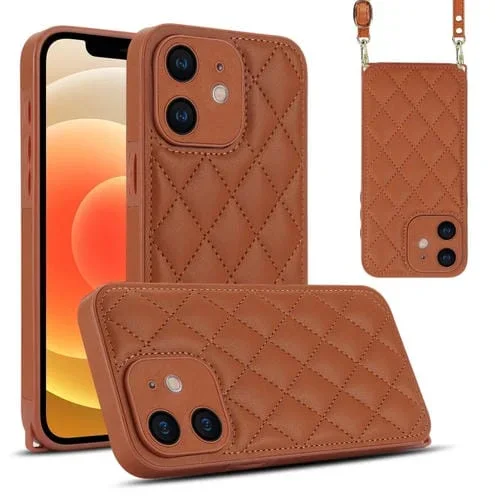 Funda para Teléfono iPhone 12 Textura Rómbica Cordón Doble (Marrón)
