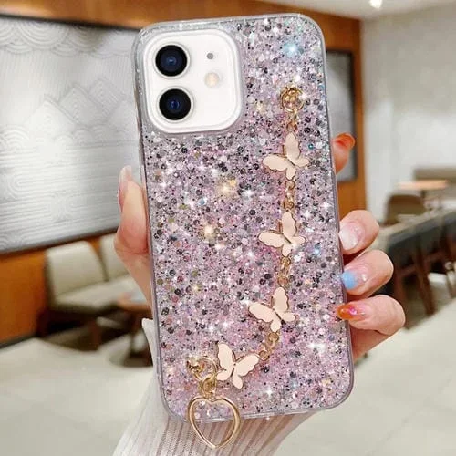 Funda para Teléfono iPhone 12 TPU Epoxi Cadena Mariposa Lentejuelas Estrelladas (Rosa)