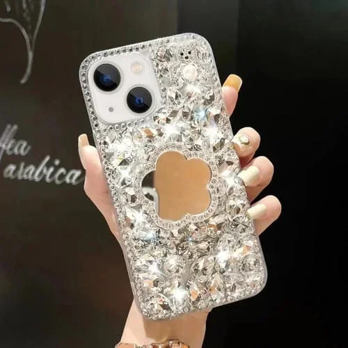 Funda para Teléfono iPhone 13 con Diamantes de Imitación Brillantes Hecha a Mano con Espejo (Flor Gris Plateada)