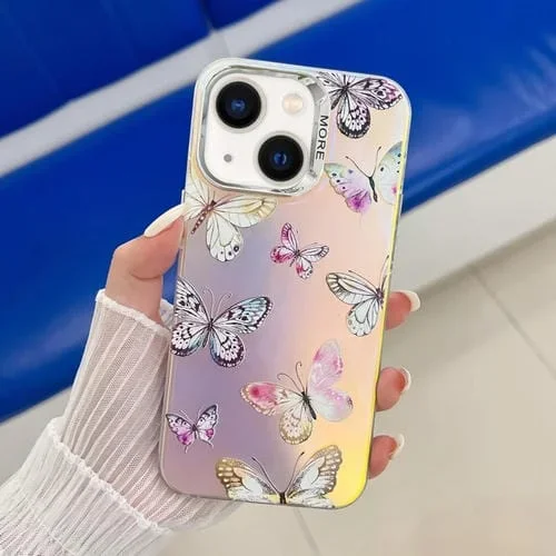 Funda para Teléfono iPhone 13 con Mariposa Láser Galvanizada (Mariposas Rosadas)