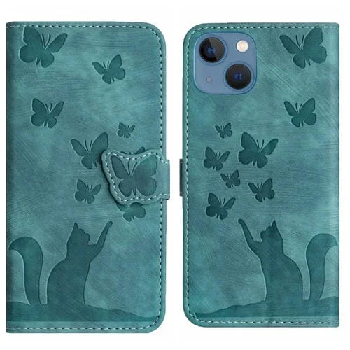 Funda para Teléfono iPhone 13 Cuero con Tapa y Estampado de Gato Mariposa (Wathet)