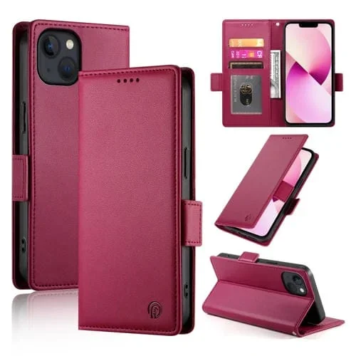Funda para Teléfono iPhone 13 Cuero Esmerilado Magnético con Hebilla Lateral (Rojo Vino)