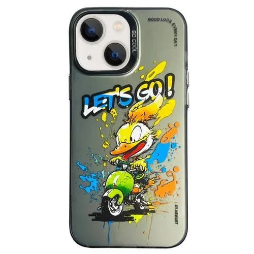 Funda para teléfono iPhone 13 Doble Capa Serie Plateada Pintura al Óleo Animal (Duck Rush)