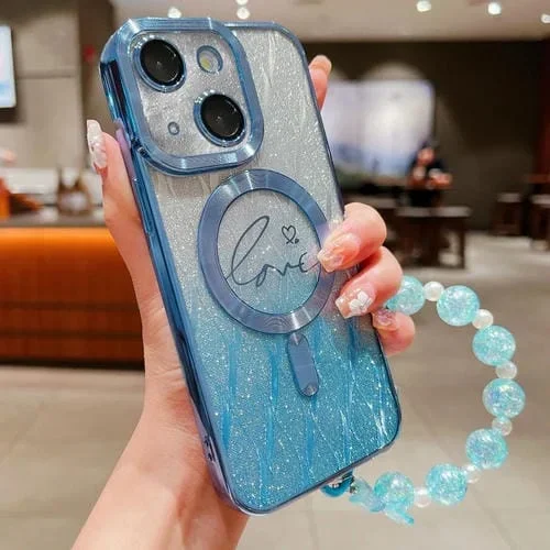 Funda para Teléfono iPhone 13 Dual-Love Leaves con Brillo Degradado Magsafe TPU (Azul)