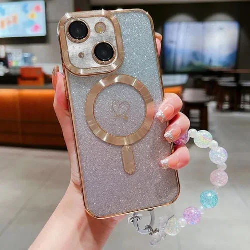 Funda para Teléfono iPhone 13 Loves Gradient Glitter Pulseras Magsafe TPU Fibra de Carbono (Oro)