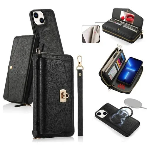 Funda para Teléfono iPhone 13 Magsafe Crossbody Cartera Multifuncional con Cremallera Cuero Litchi (Negro)