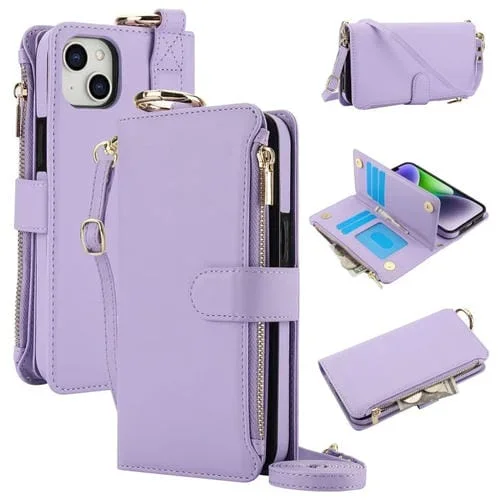 Funda para Teléfono iPhone 13 Mini Cuero Billetera Multifuncional Anillo Cruzado (Púrpura)