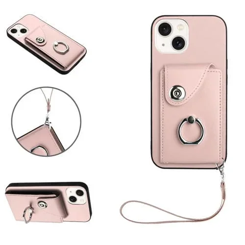 Funda para Teléfono iPhone 13 Mini de PU con Soporte para Anillo y Bolsa para Tarjeta con Cordón (Rosa)