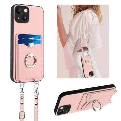 Funda para Teléfono iPhone 13 Mini R20 con Soporte para Tarjeta y Anillo de Cuerda Cruzada (Rosa)