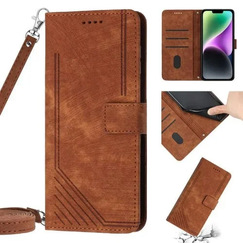 Funda para teléfono iPhone 13 Mini Skin Feel Stripe Pattern cuero con cordón (Marrón)
