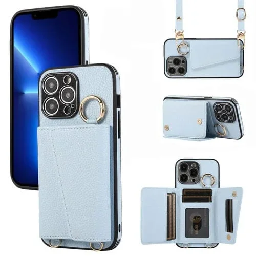Funda para Teléfono iPhone 13 Pro Contraportada de Cuero con Billetera y Anillo Cruzado (Azul)