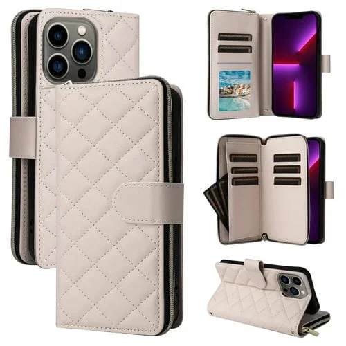 Funda para Teléfono iPhone 13 Pro Cuero Hebilla Torre Cremallera Rombal Cruzada con Cordón (Beige)