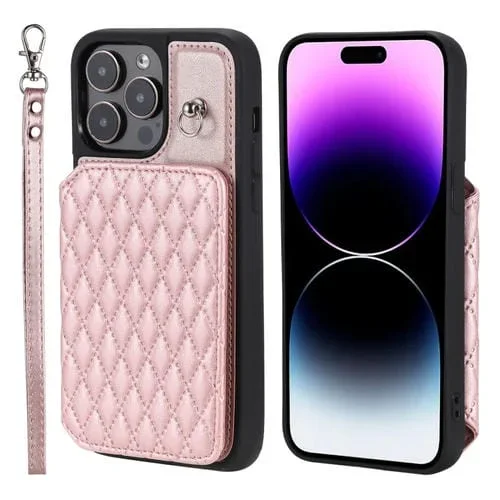 Funda para Teléfono iPhone 13 Pro Grid Texture Card Bag con Cordón (Oro Rosa)