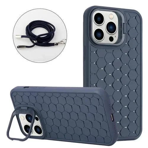 Funda para Teléfono iPhone 13 Pro Honeycomb Radiating Holder TPU con Cordón (Azul)