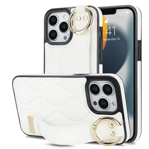 Funda para teléfono iPhone 13 Pro Max Antideslizante Cobertura Completa Anillo PU con Muñequera (Blanco)