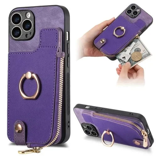 Funda para Teléfono iPhone 13 Pro Max con Anillo de Cuero Cruzado, Cremallera Vertical y Billetera Trasera (Púrpura)