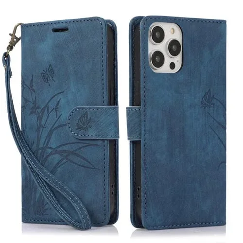 Funda para Teléfono iPhone 13 Pro Max Cuero Relieve Mariposa Orquídea (Azul)