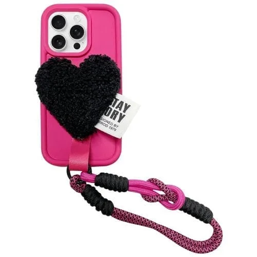 Funda para Teléfono iPhone 13 Pro Max Diseño Corazón Peluche con Cordón (Rosa Rojo)