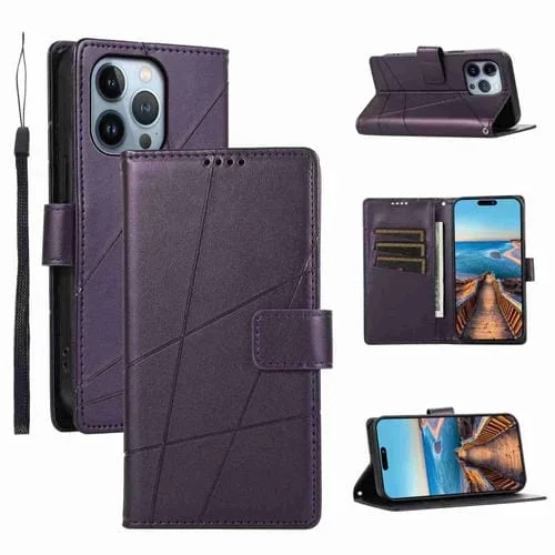 Funda para Teléfono iPhone 13 Pro Max PU Línea En Relieve Textura Cuero Genuino (Púrpura)