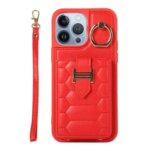Funda para teléfono iPhone 13 Pro Max Vertical Card Bag Ring Holder con doble cordón (Rojo)