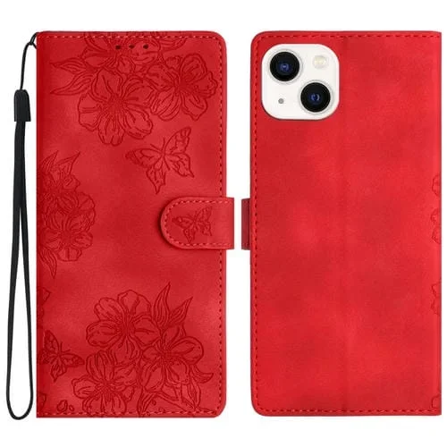 Funda para teléfono iPhone 13 PU Mariposa y Flor de Cerezo en Relieve (Rojo)