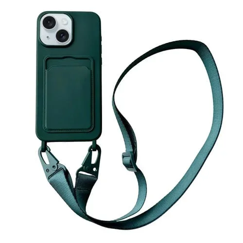 Funda para Teléfono iPhone 13 Silicona Líquida Ranura para Tarjeta y Cordón (Verde Oscuro)