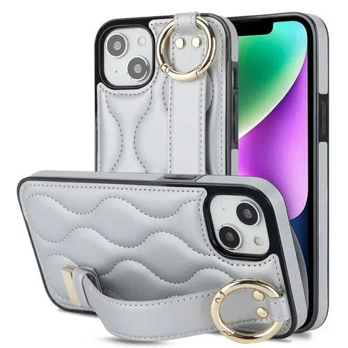 Funda para teléfono iPhone 14 Antideslizante Cobertura Completa Anillo PU con Muñequera (Plata)