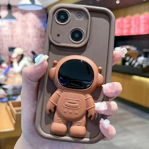 Funda para Teléfono iPhone 14 Astronaut 3D Relief Holder TPU + PC Cobertura Total (Marrón)
