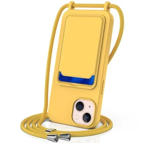 Funda para Teléfono iPhone 14 Bolsa para Tarjeta Integrada Silicona Líquida con Cordón (Amarillo)