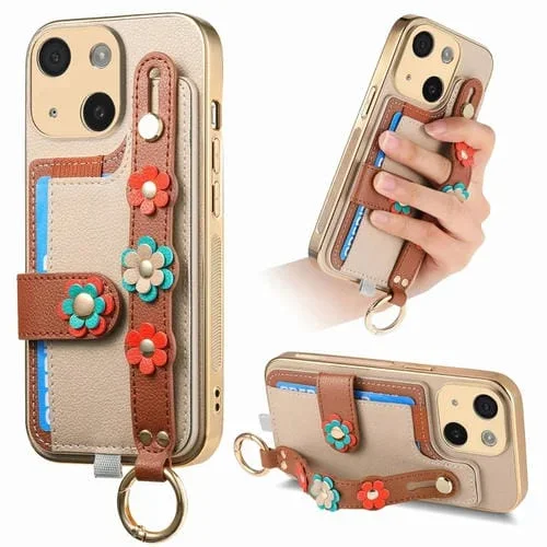 Funda para Teléfono iPhone 14 con Bolsa para Tarjeta y Pulsera con Flores Estereoscópicas (Caqui)