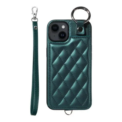 Funda para Teléfono iPhone 14 con Bolsa para Tarjetas Textura Rómbica y Cordón Corto (Verde)