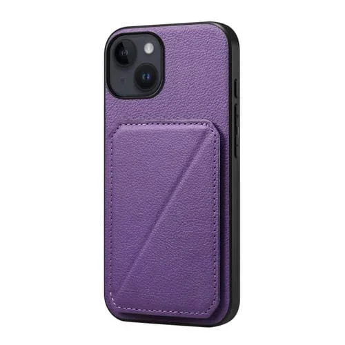 Funda para Teléfono iPhone 14 D04 Ranura para Tarjeta Dual Textura de Becerro (Púrpura)
